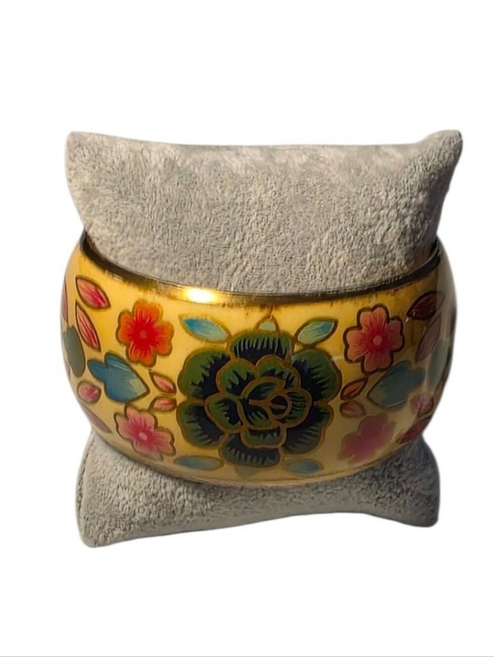 Vintage Hand-Painted Floral Enamel Bangle Bracelet | Gold Tone Wide Cuff